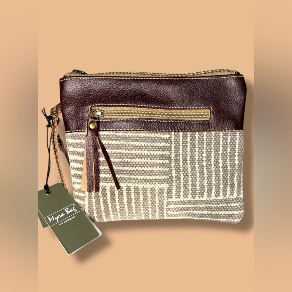 Myra Bag Upcycled Canvas & Leather Pouch Wristlet Bag